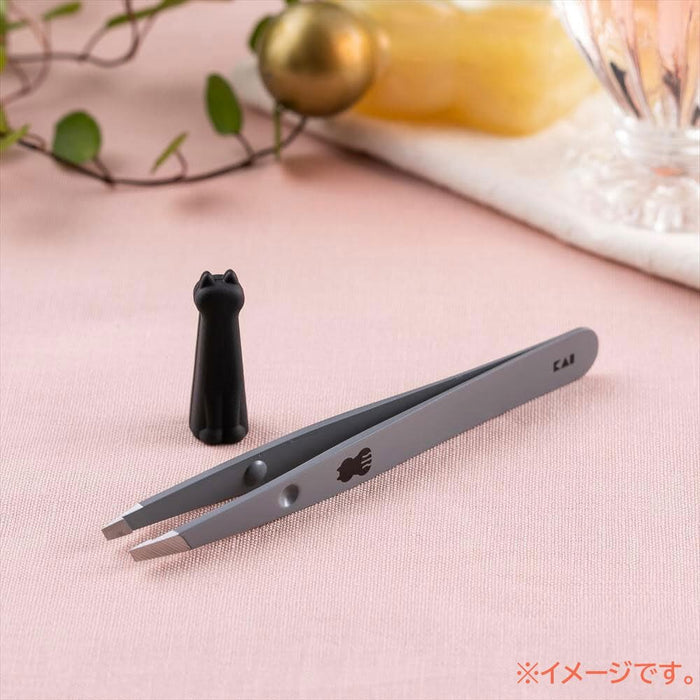 Kai Corporation Cat Tweezers Angled Tip Silver with Cap Made in Japan
