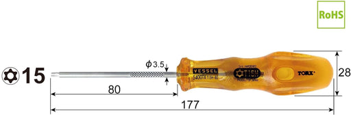 Vessel Power Grip Torx T15H Screwdriver 80mm Tamper-Proof - B-5400Tx Series-Kiichin - The #1 Place for Japanese Goods in Your Hand!